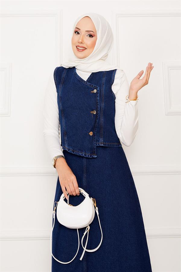 Asymmetrical Vest Skirt Denim 2 Piece Set Dark Blue