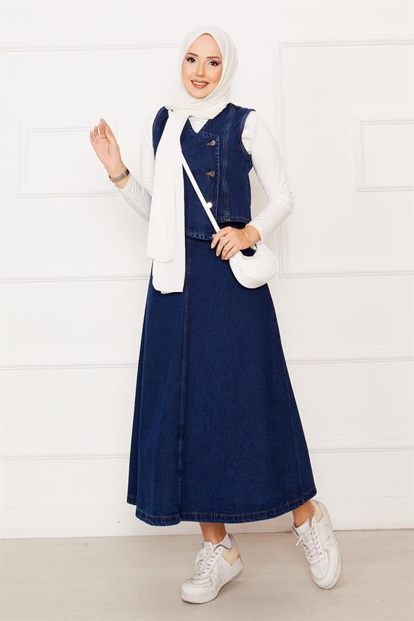 Asymmetrical Vest Skirt Denim 2 Piece Set Dark Blue