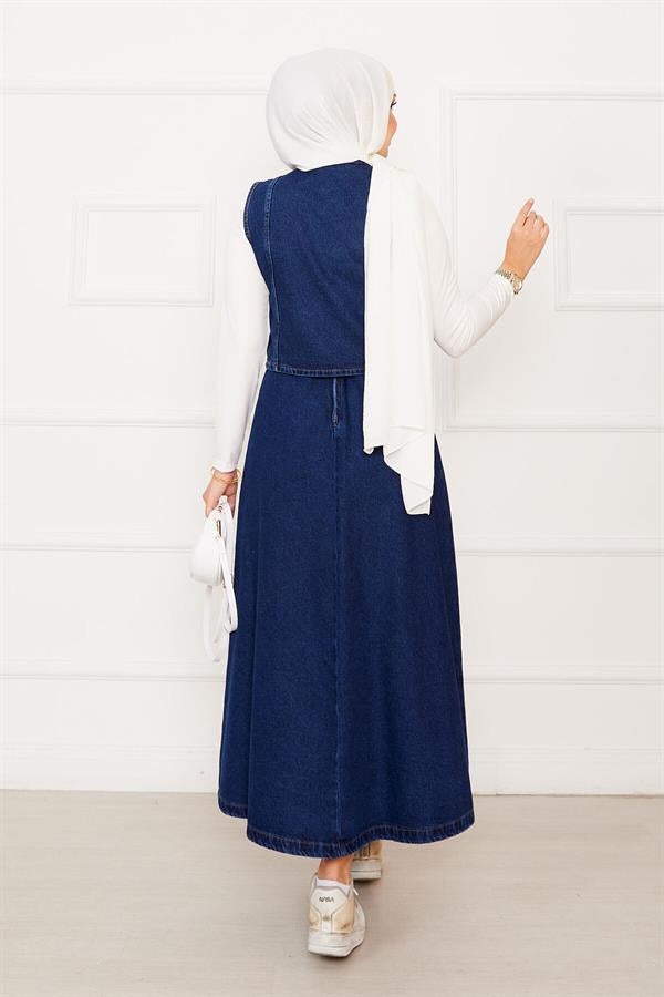 Asymmetrical Vest Skirt Denim 2 Piece Set Dark Blue