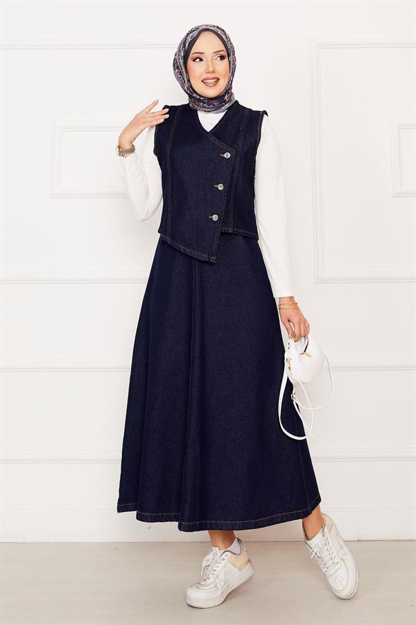 Asymmetrical Vest Skirt Denim 2 Piece Set Navy Blue
