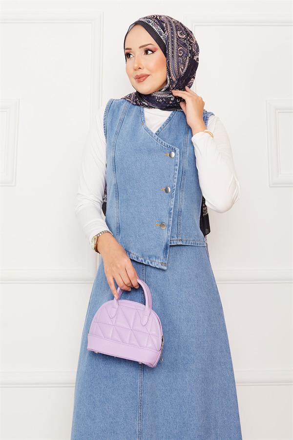 Asymmetrical Vest Skirt Denim 2 Piece Set Light Blue