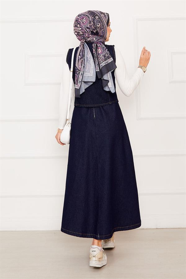 Asymmetrical Vest Skirt Denim 2 Piece Set Navy Blue