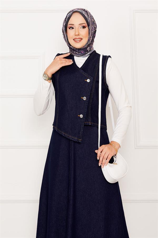Asymmetrical Vest Skirt Denim 2 Piece Set Navy Blue