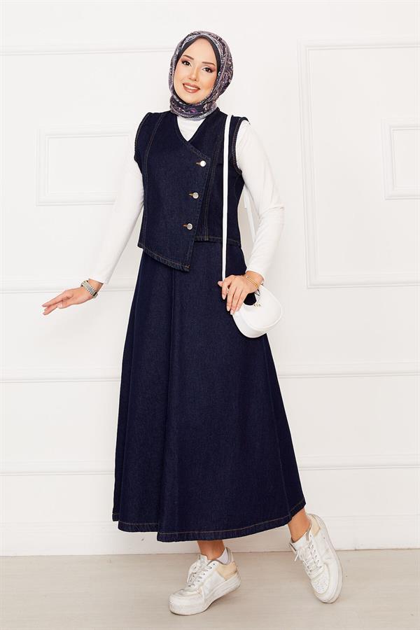 Asymmetrical Vest Skirt Denim 2 Piece Set Navy Blue