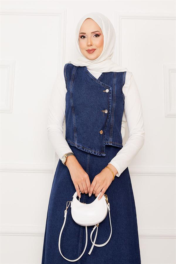 Asymmetrical Vest and Skirt Denim 2 Piece Set Blue
