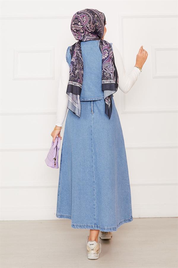 Asymmetrical Vest Skirt Denim 2 Piece Set Light Blue