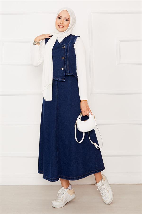 Asymmetrical Vest Skirt Denim 2 Piece Set Dark Blue