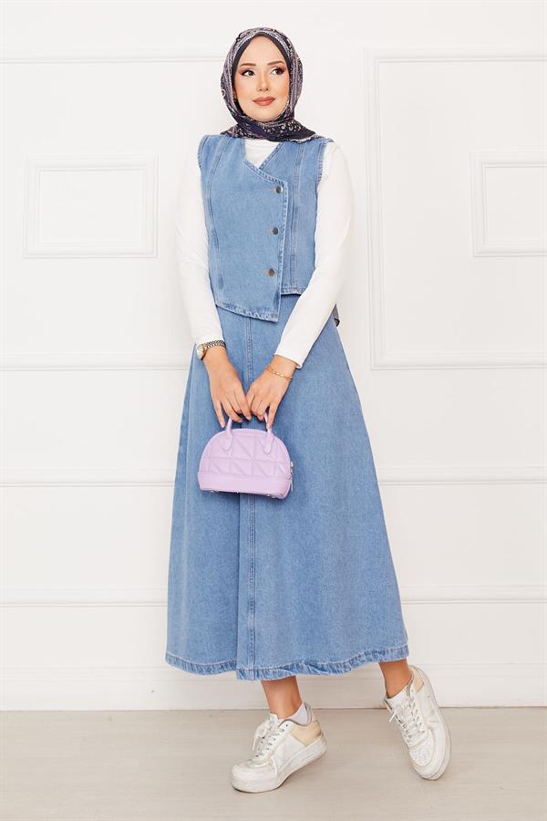 Asymmetrical Vest Skirt Denim 2 Piece Set Light Blue