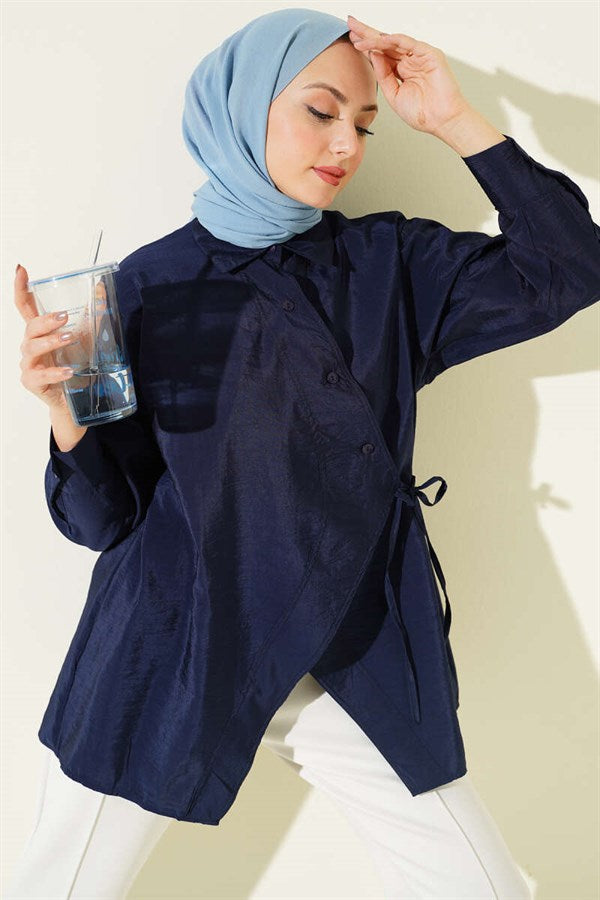 Asymmetrical Tie Shirt Navy Blue