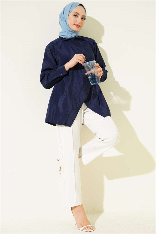 Asymmetrical Tie Shirt Navy Blue