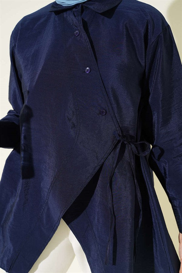 Asymmetrical Tie Shirt Navy Blue