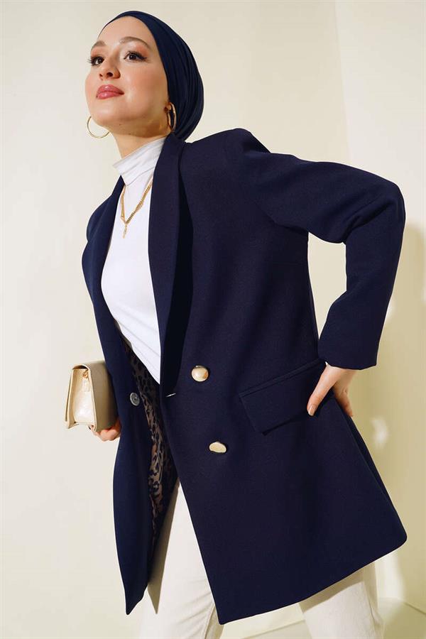 Leopard Lined Double Breasted Jacket Navy Blue
