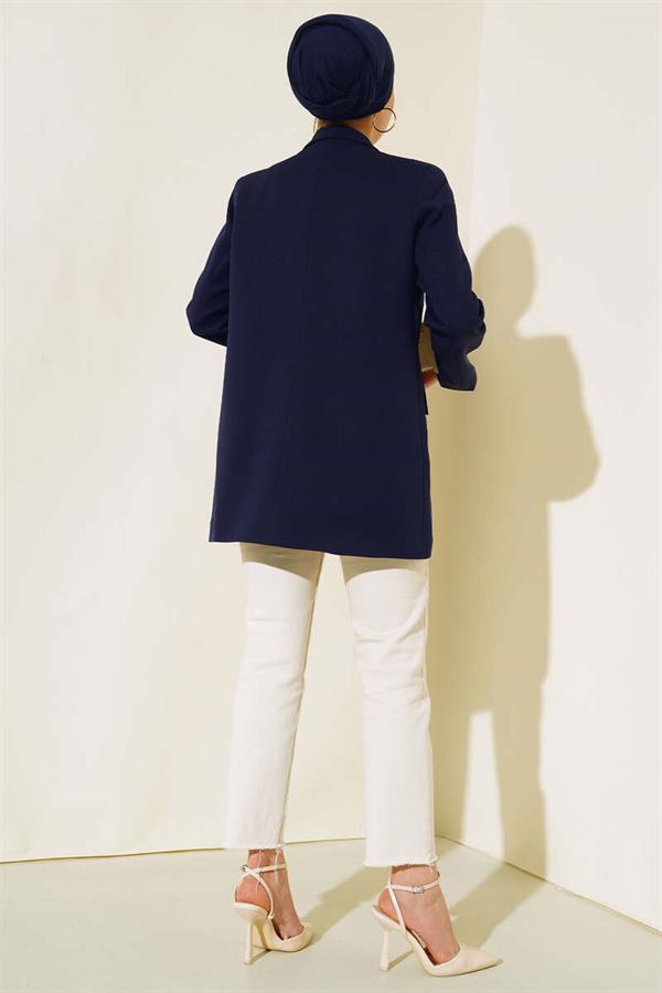 Leopard Lined Double Breasted Jacket Navy Blue