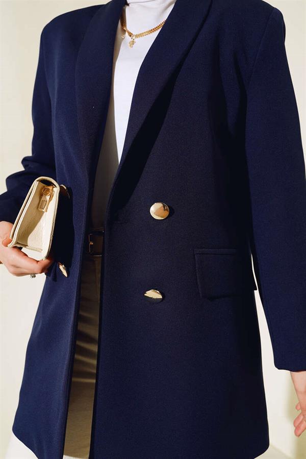 Leopard Lined Double Breasted Jacket Navy Blue