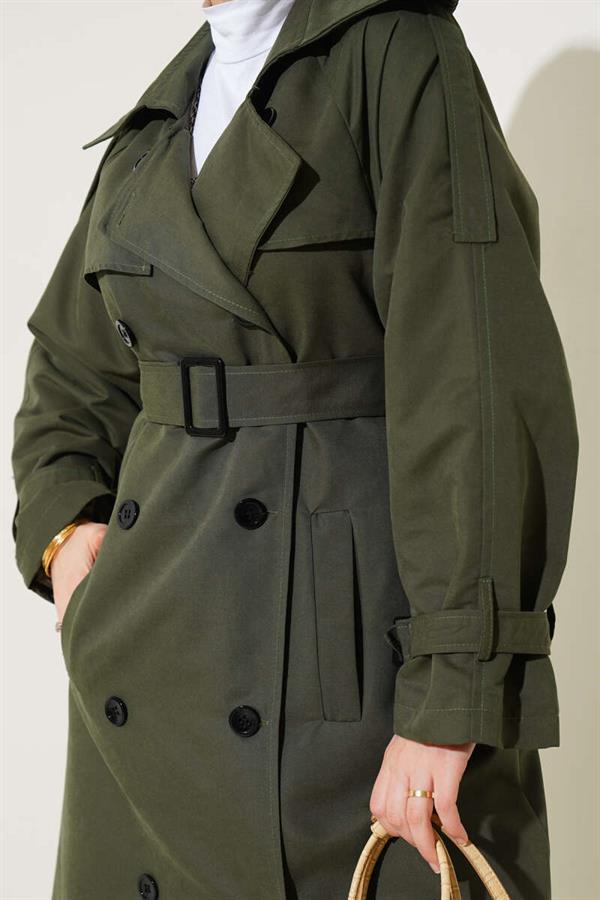 Lined Belted Long Trench Coat Khaki