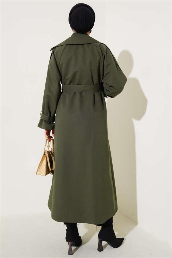 Lined Belted Long Trench Coat Khaki