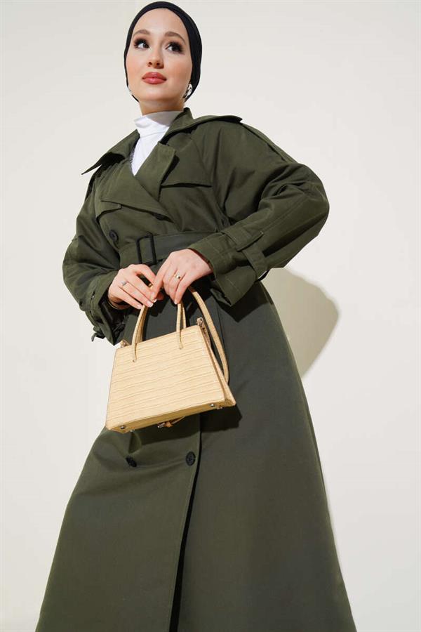 Lined Belted Long Trench Coat Khaki