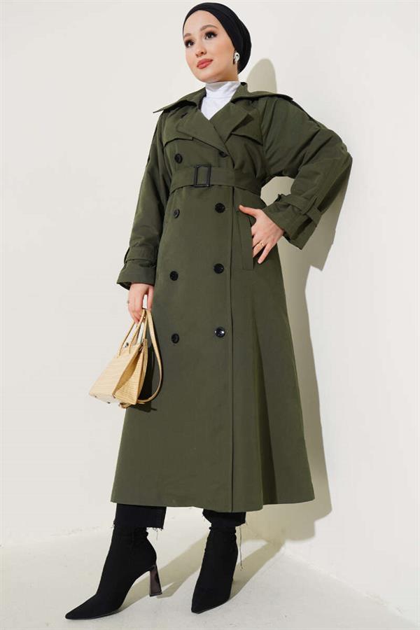 Lined Belted Long Trench Coat Khaki