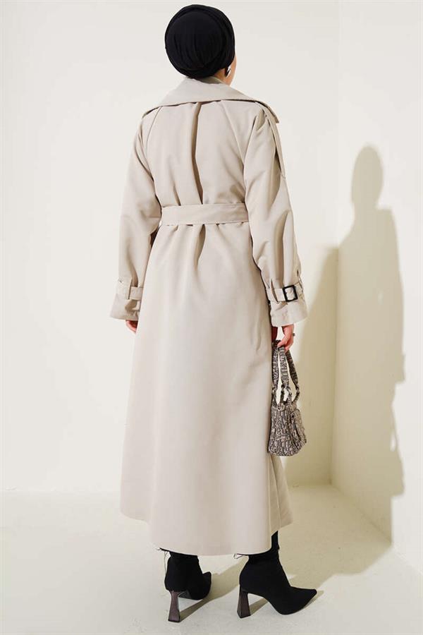 Lined Belted Long Trench Coat Stone