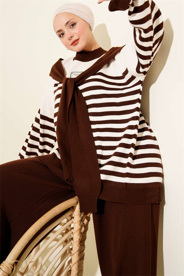 Scarf Detail Striped Knit 2 Piece Set, Coffee