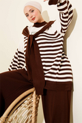 Scarf Detail Striped Knit 2 Piece Set, Coffee