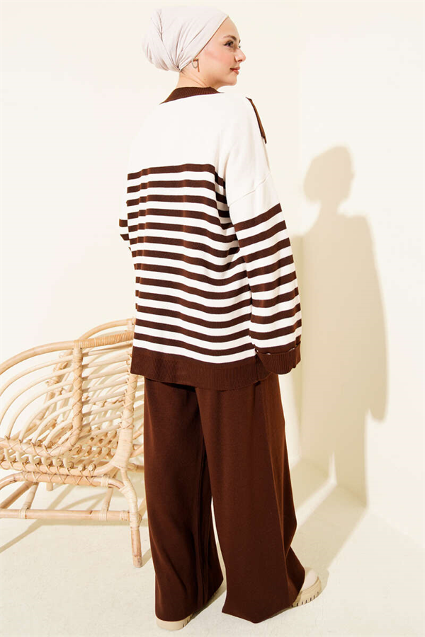 Scarf Detail Striped Knit 2 Piece Set, Coffee