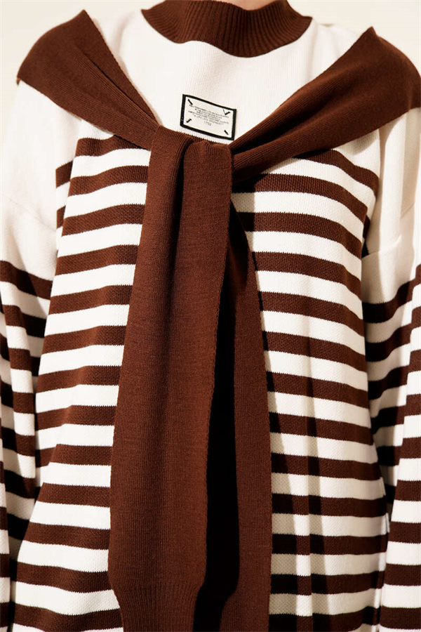 Scarf Detail Striped Knit 2 Piece Set, Coffee