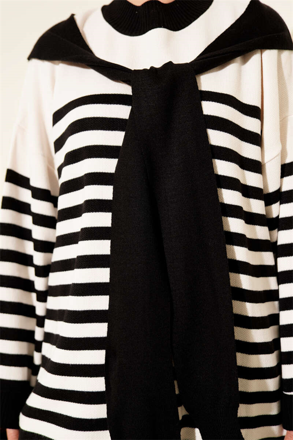Scarf Detail Striped Knit 2 Piece Set, Black