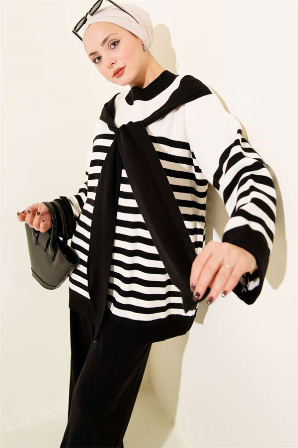Scarf Detail Striped Knit 2 Piece Set, Black
