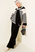 Scarf Detail Striped Knit 2 Piece Set, Black