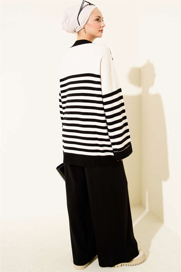 Scarf Detail Striped Knit 2 Piece Set, Black