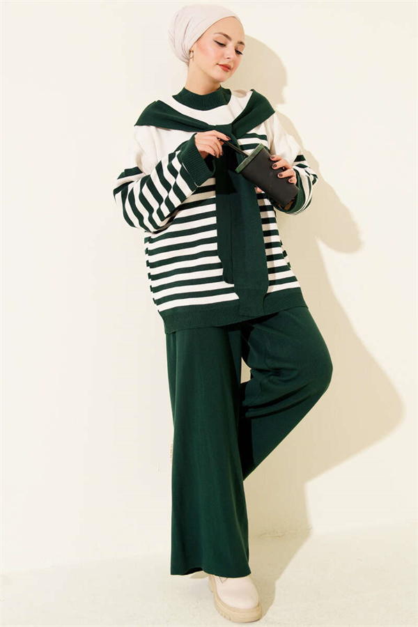 Scarf Detail Striped Knit 2 Piece Set Emerald