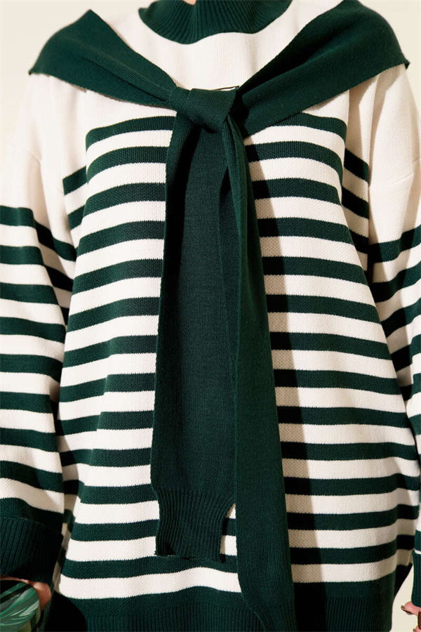 Scarf Detail Striped Knit 2 Piece Set Emerald