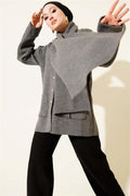 Scarf-Detailed, Buttoned, Pocketed Knitted Cardigan, Dark Gray