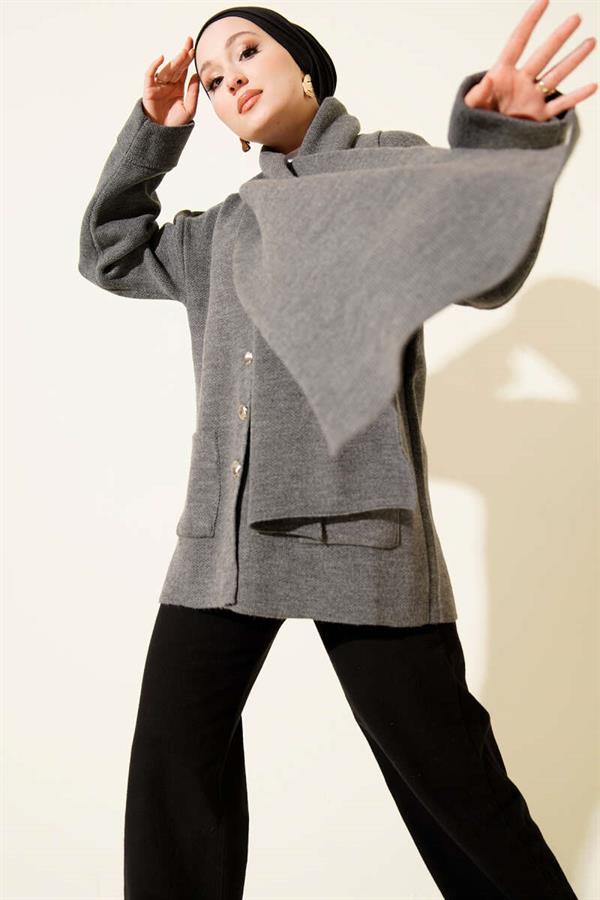 Scarf-Detailed, Buttoned, Pocketed Knitted Cardigan, Dark Gray