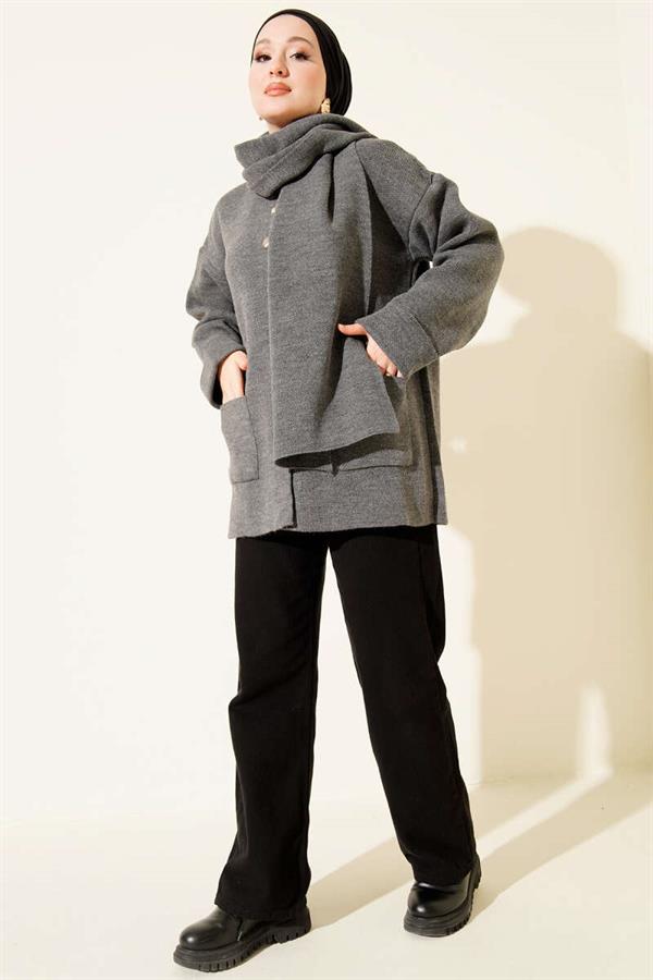Scarf-Detailed, Buttoned, Pocketed Knitted Cardigan, Dark Gray