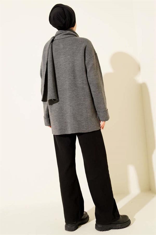 Scarf-Detailed, Buttoned, Pocketed Knitted Cardigan, Dark Gray