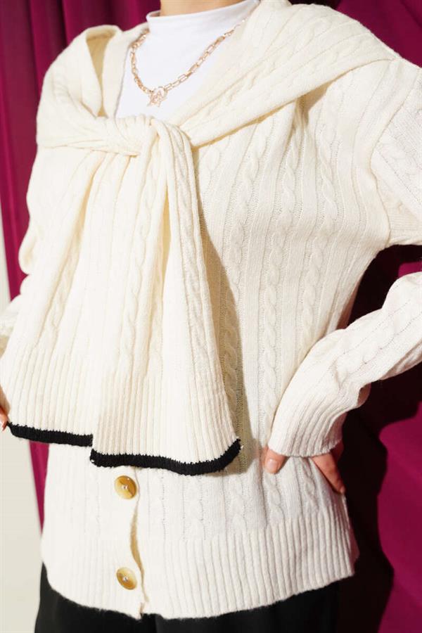 Scarf Knit Short Cardigan, Ecru