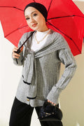 Short Knit Cardigan with Scarf Pattern, Grey