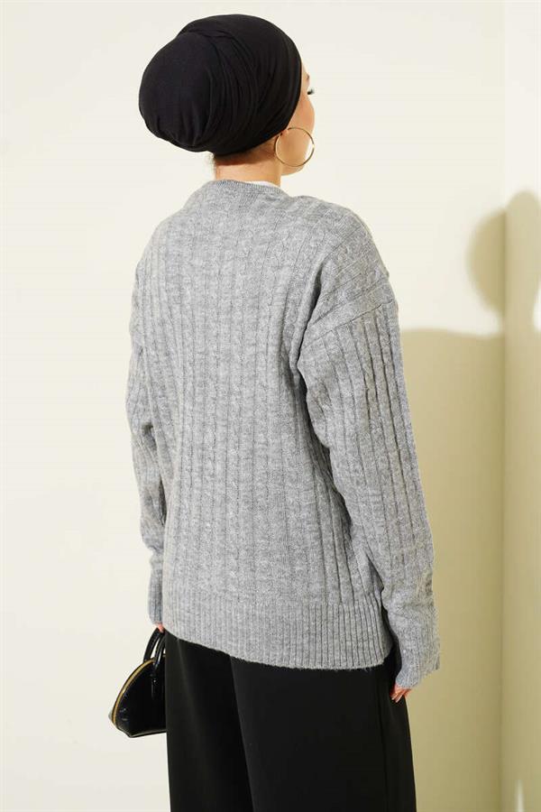 Short Knit Cardigan with Scarf Pattern, Grey