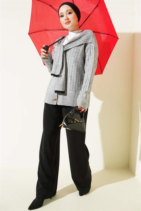 Short Knit Cardigan with Scarf Pattern, Grey