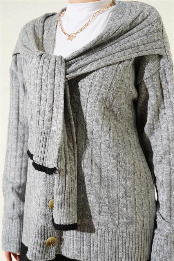 Short Knit Cardigan with Scarf Pattern, Grey