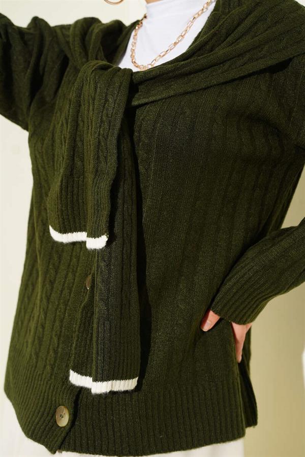 Scarf-Style Knitted Short Cardigan, Khaki