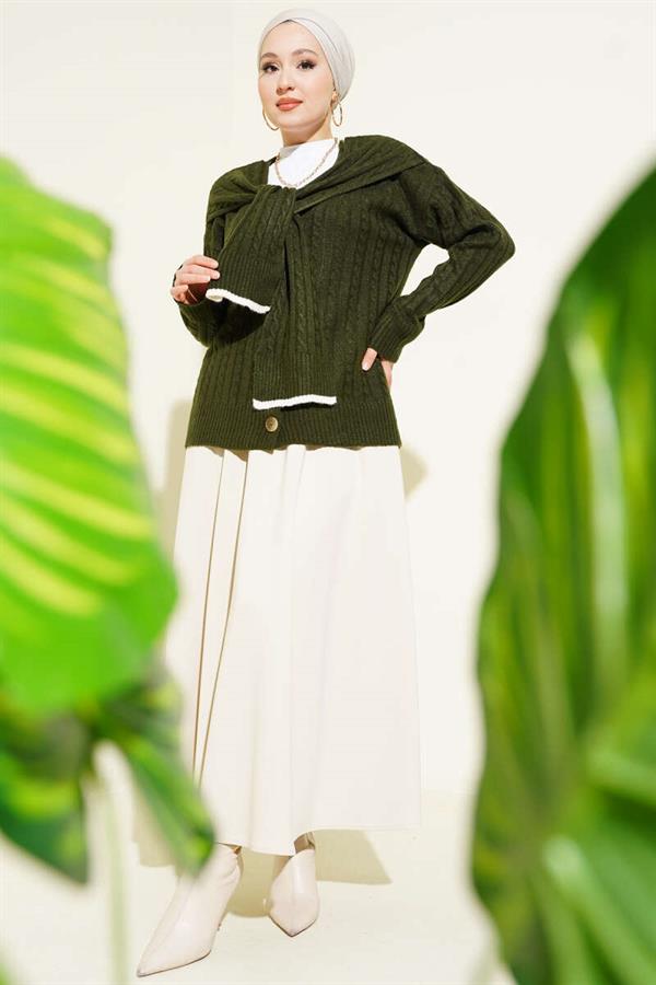 Scarf-Style Knitted Short Cardigan, Khaki