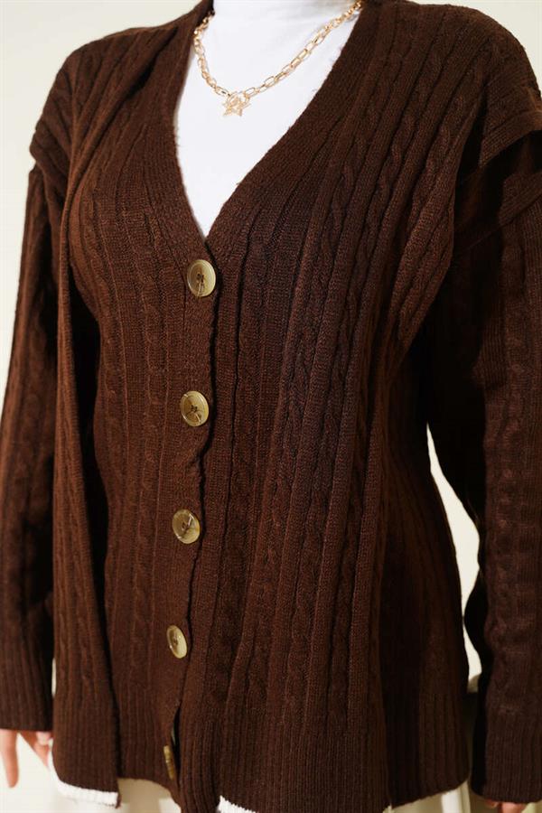 Short Knit Cardigan with Scarf Pattern, Brown