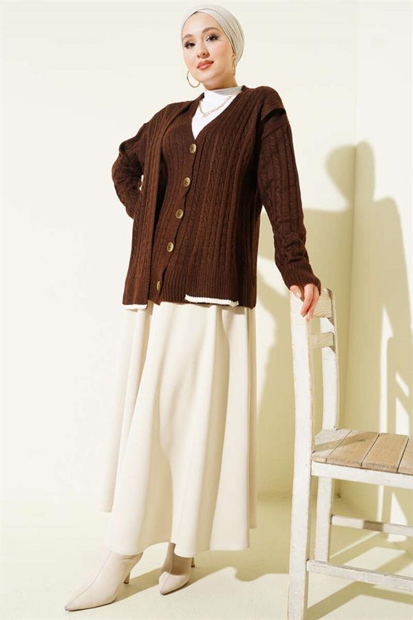 Short Knit Cardigan with Scarf Pattern, Brown