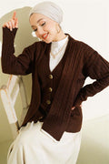 Short Knit Cardigan with Scarf Pattern, Brown