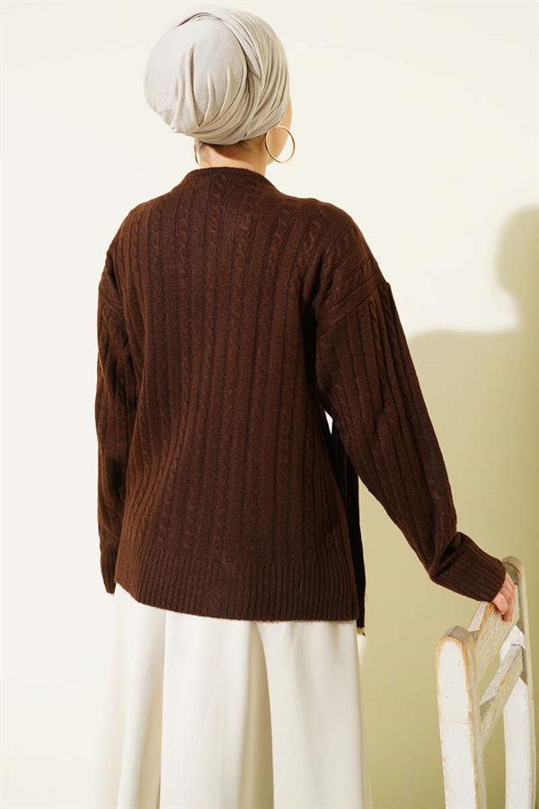 Short Knit Cardigan with Scarf Pattern, Brown