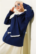 Short, knitted cardigan with scarf detail, navy blue.