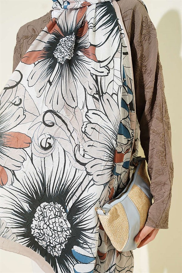 Sunflower Pattern Bamboo Crash Shawl Beige